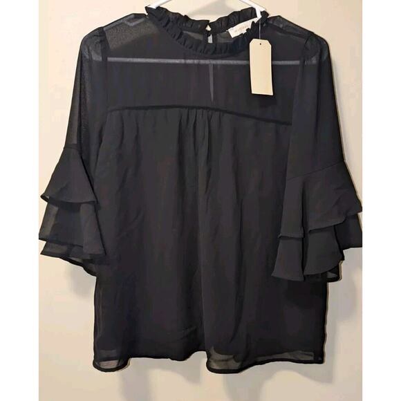 Ladies Monteau Black Blouse, Size Medium, 3/4 Sleeves with Ruffle - Picture 1 of 4